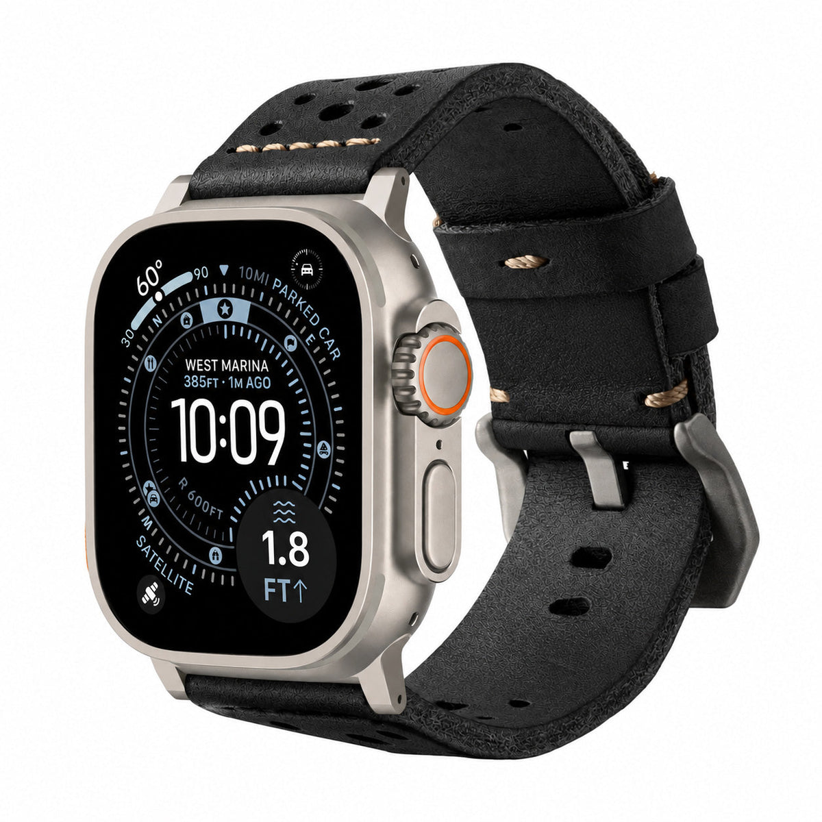 Black racing leather strap by Robust, featuring durable stitching and a sleek, sporty design for watch or accessory use.