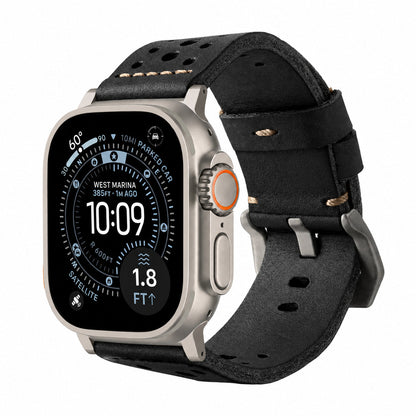 Black racing leather strap by Robust, featuring durable stitching and a sleek, sporty design for watch or accessory use.