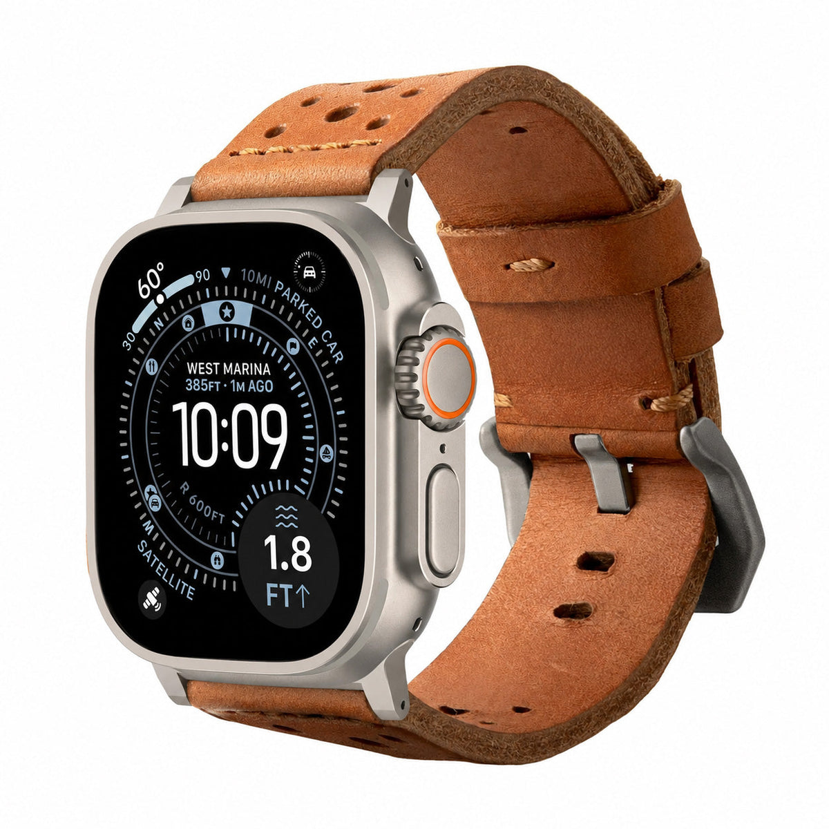 Brown racing leather strap by Robust, featuring sturdy leather material and racing-inspired design details.