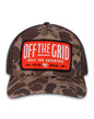 Off The Grid Surplus Ranch Hand Hat in Bark Duck Camo with brown fabric, featuring a wide brim and rugged outdoor style.