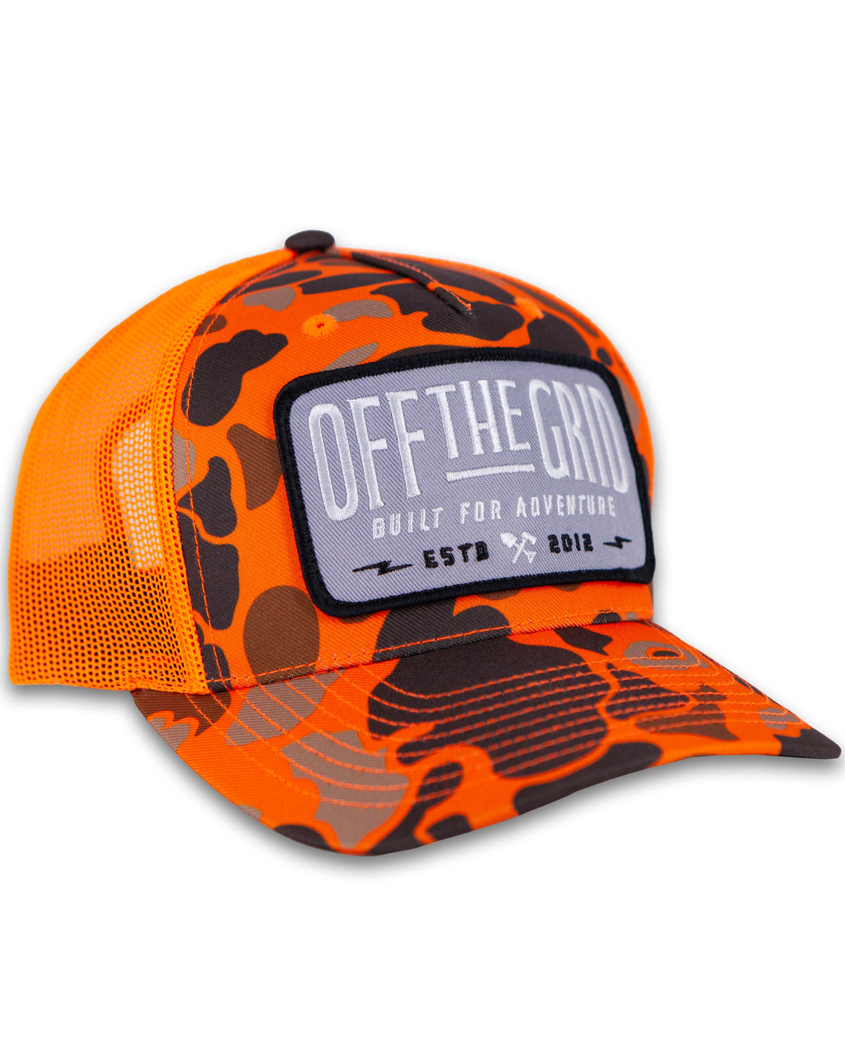 Off The Grid Surplus Ranch Hand hat in blaze duck camo with wide brim and adjustable strap, designed for outdoor wear.