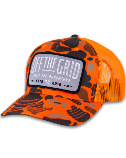 Off The Grid Surplus Ranch Hand Hat in blaze duck camo with wide brim and rugged texture, designed for outdoor work.