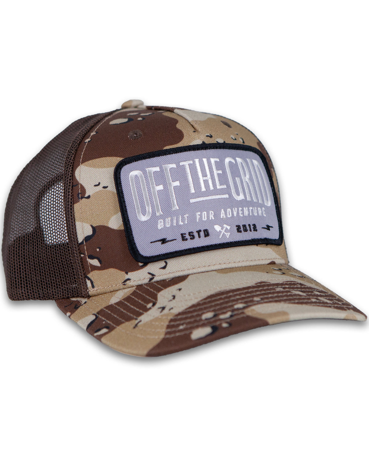 Off The Grid Surplus Ranch Hand hat in desert camo brown with wide brim and adjustable strap, designed for outdoor wear.