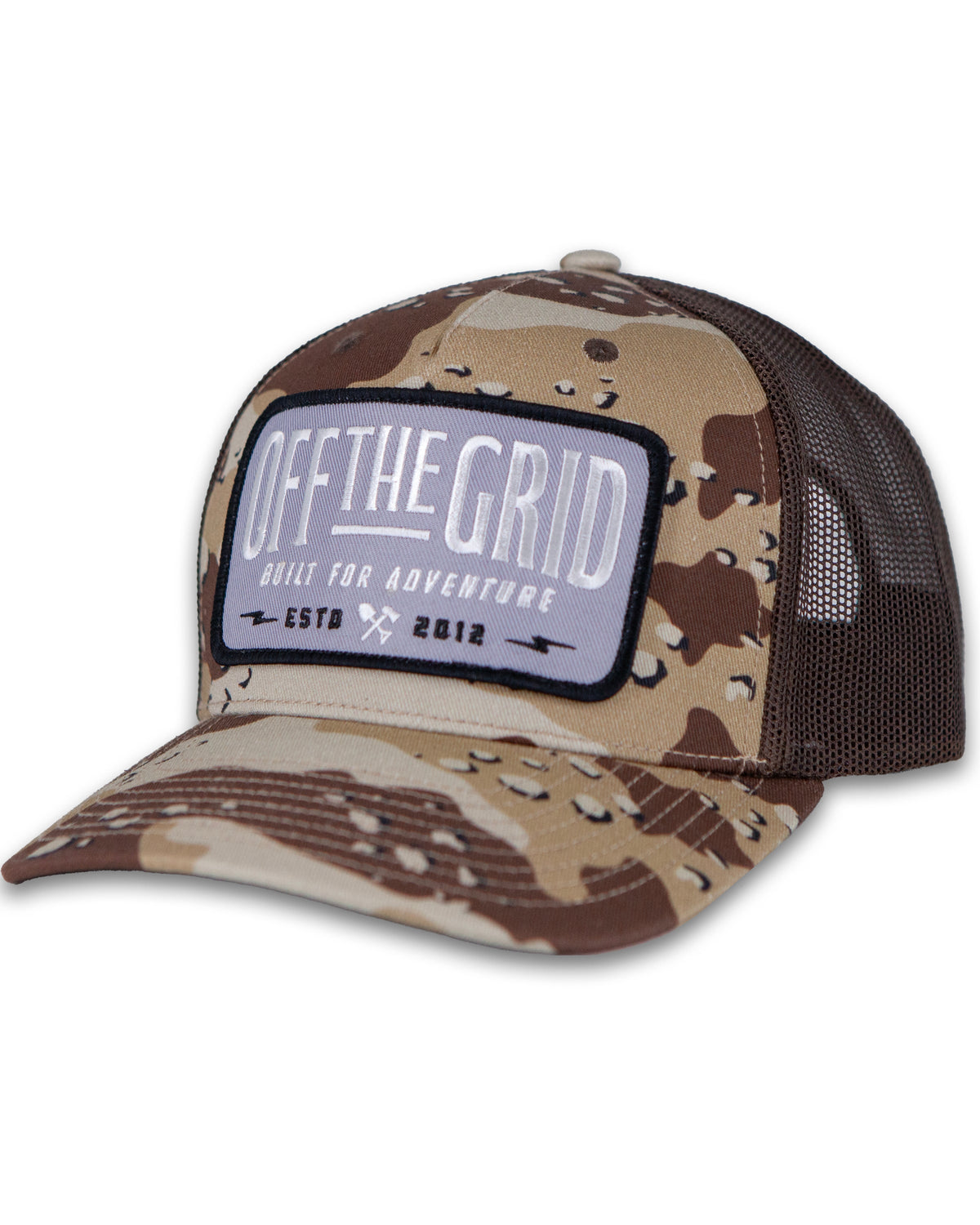 Off The Grid Surplus Ranch Hand hat in desert camouflage, brown color, with wide brim and adjustable strap for outdoor wear.