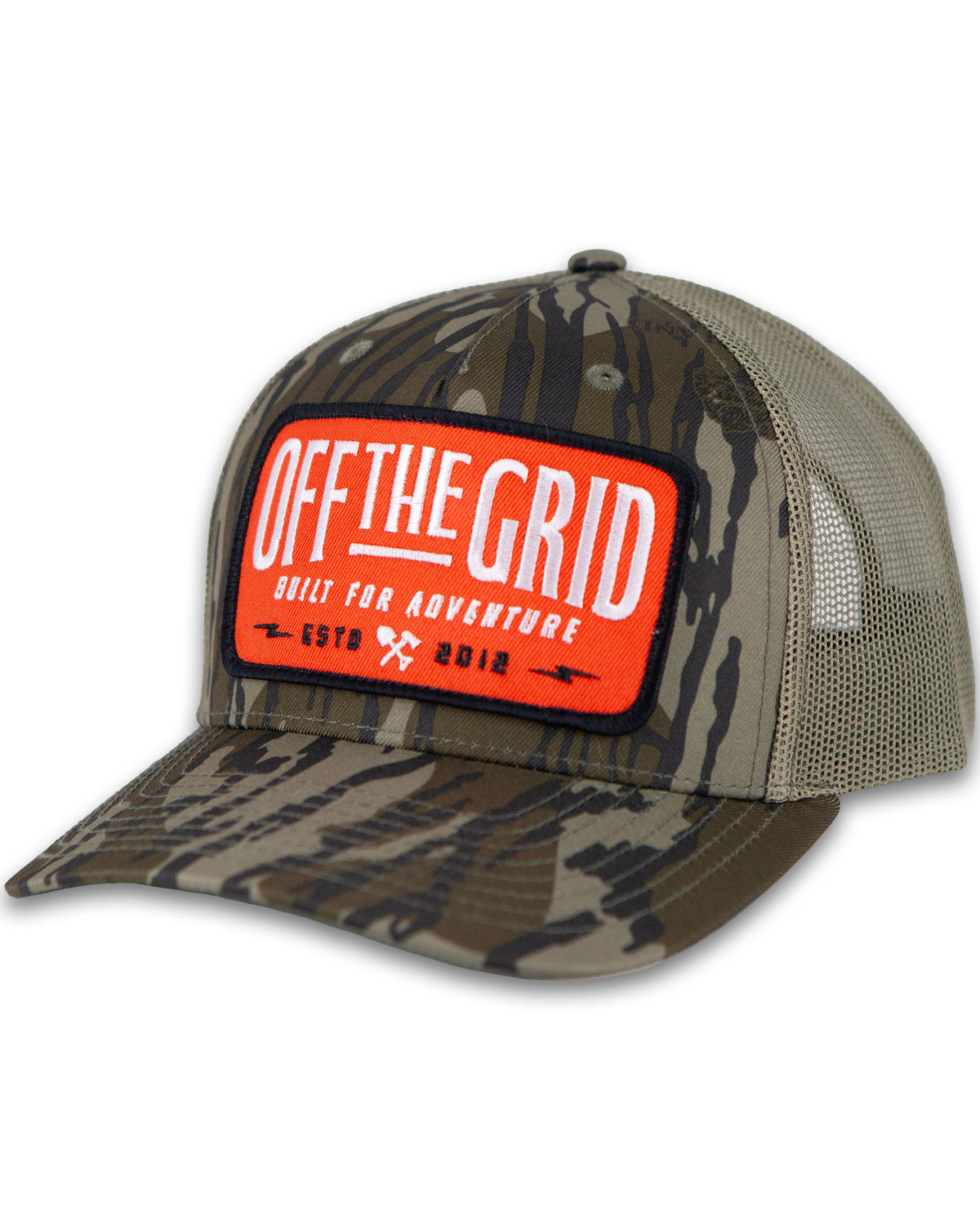 Off The Grid Surplus Ranch Hand Hat in mossy oak camouflage, featuring a sturdy brim and classic design for outdoor wear.