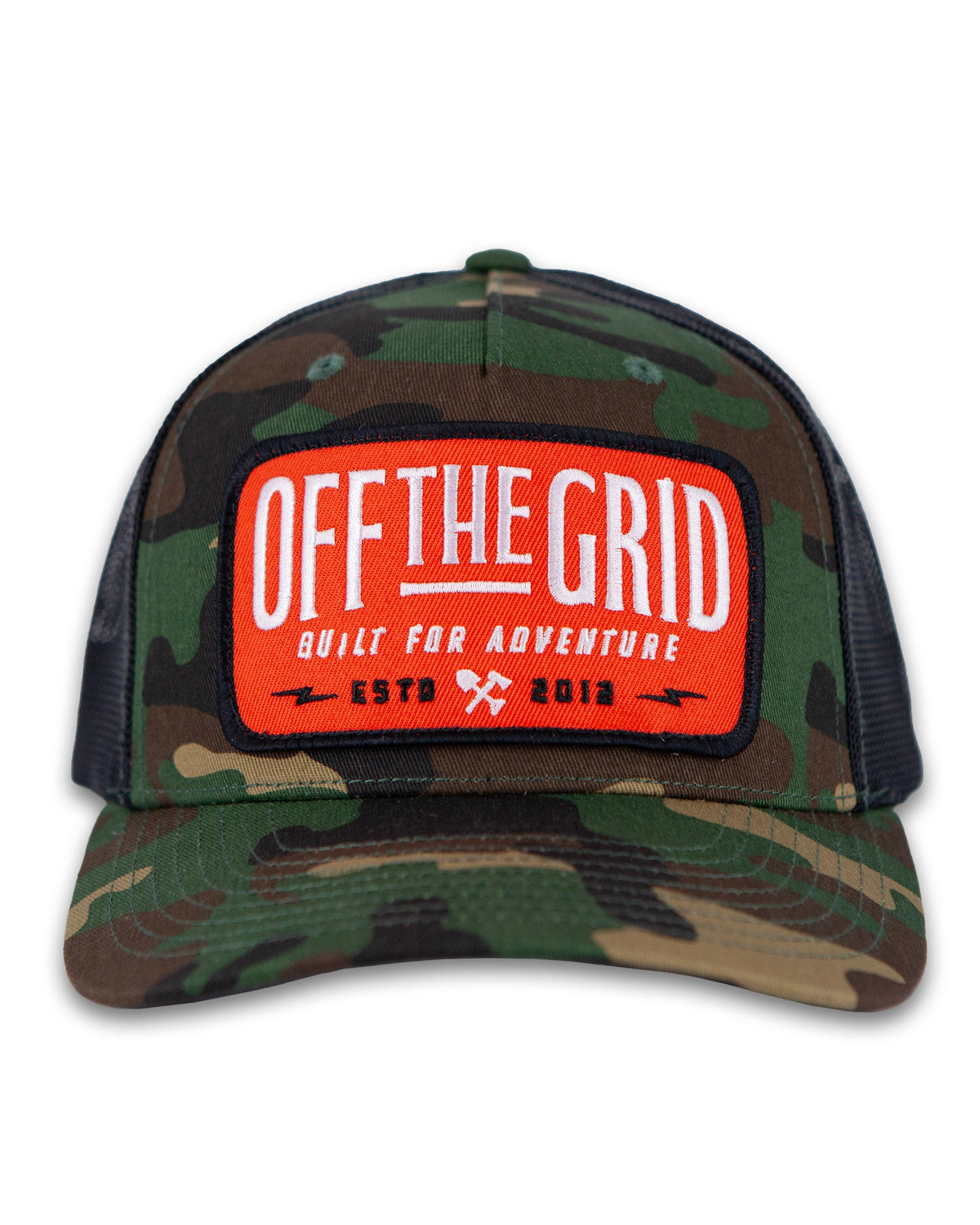 Off The Grid Surplus Ranch Hand Hat in woodland camo with a wide brim, designed for outdoor wear and sun protection.
