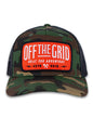 Off The Grid Surplus Ranch Hand Hat in woodland camo with a wide brim, designed for outdoor wear and sun protection.
