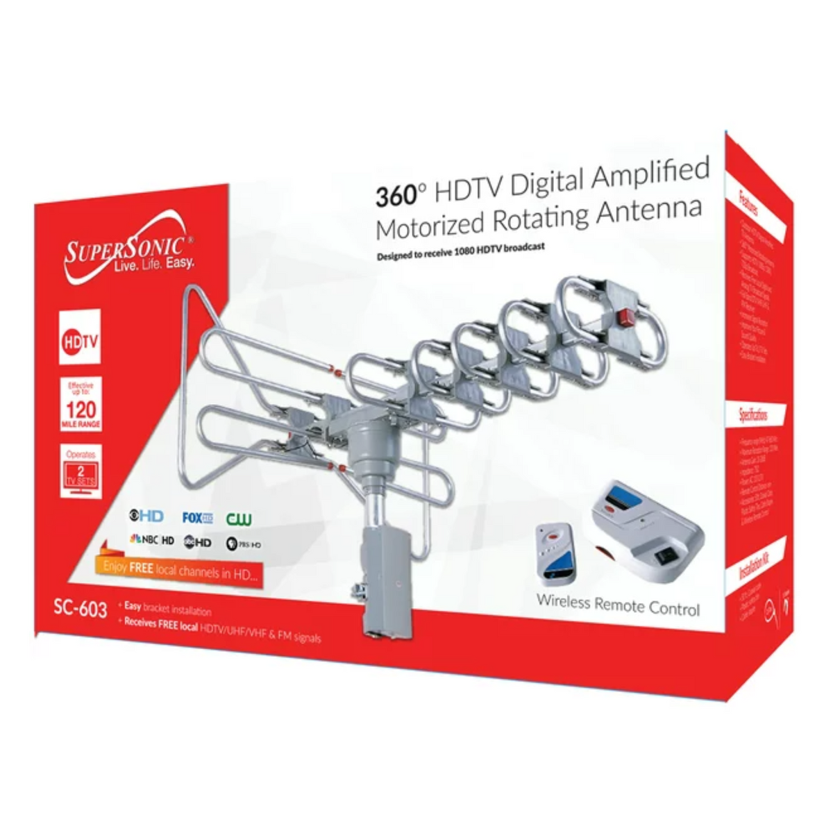 Supersonic 360-degree HDTV digital amplified motorized antenna with remote control for improved TV signal reception.