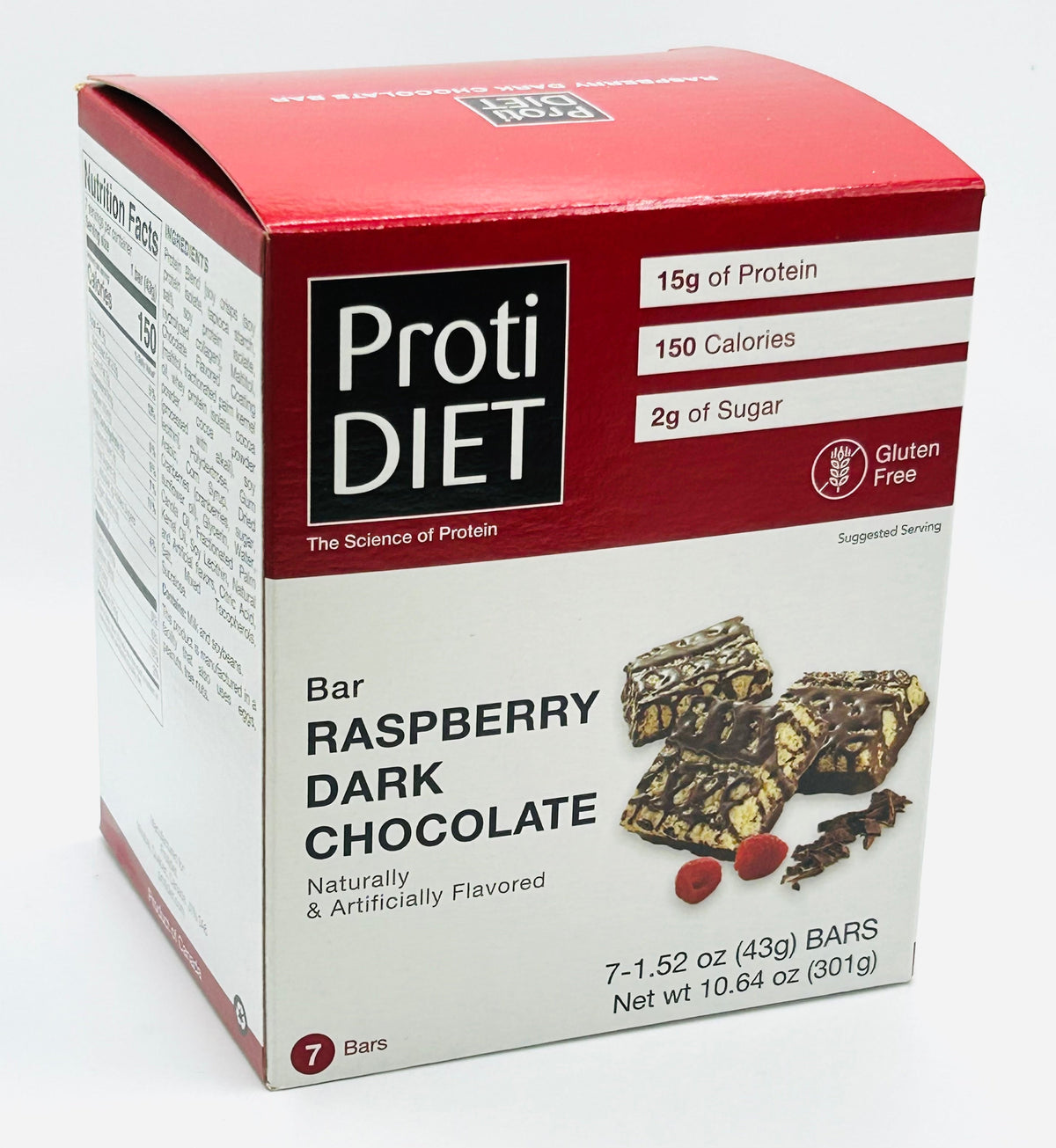 AmBari Nutrition ProtiDiet raspberry dark chocolate bars in a box, showing individually wrapped squares with raspberry and dark chocolate flavor.