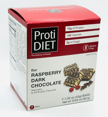 AmBari Nutrition ProtiDiet raspberry dark chocolate bars in a box, showing individually wrapped squares with raspberry and dark chocolate flavor.