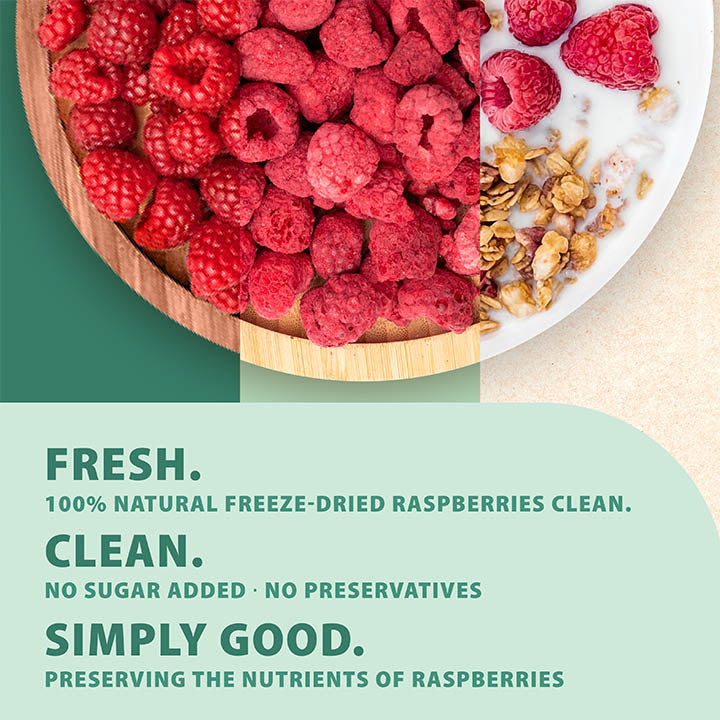 Whole freeze-dried raspberries from VFD.US, high-quality Grade A dried fruit with vibrant red color and textured surface.