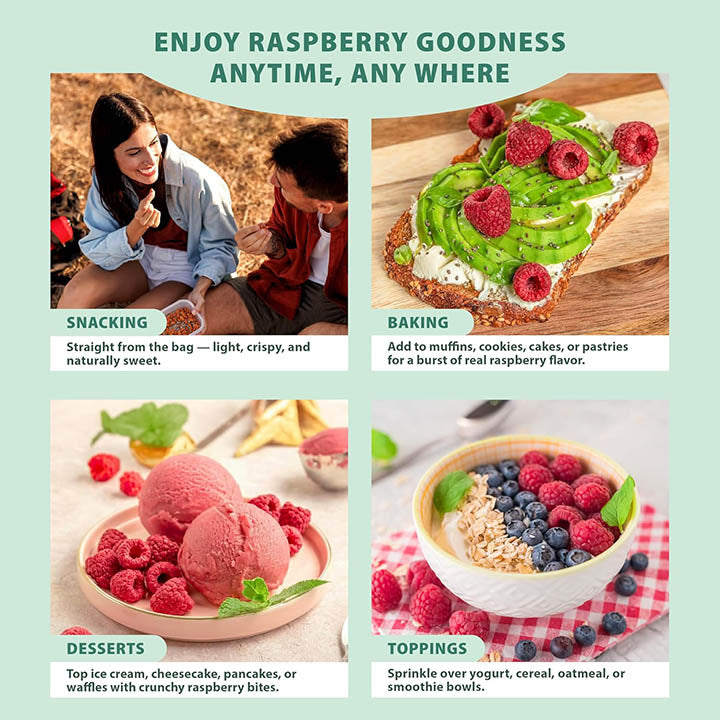 Whole freeze-dried raspberries by VFD.US, Grade A raspberries, single-ingredient freeze-dried fruit with vibrant red color.
