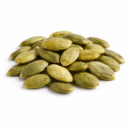 Raw pumpkin seeds (pepitas) in a bulk snack bag, organic and unsalted, from Candy In Bulk.