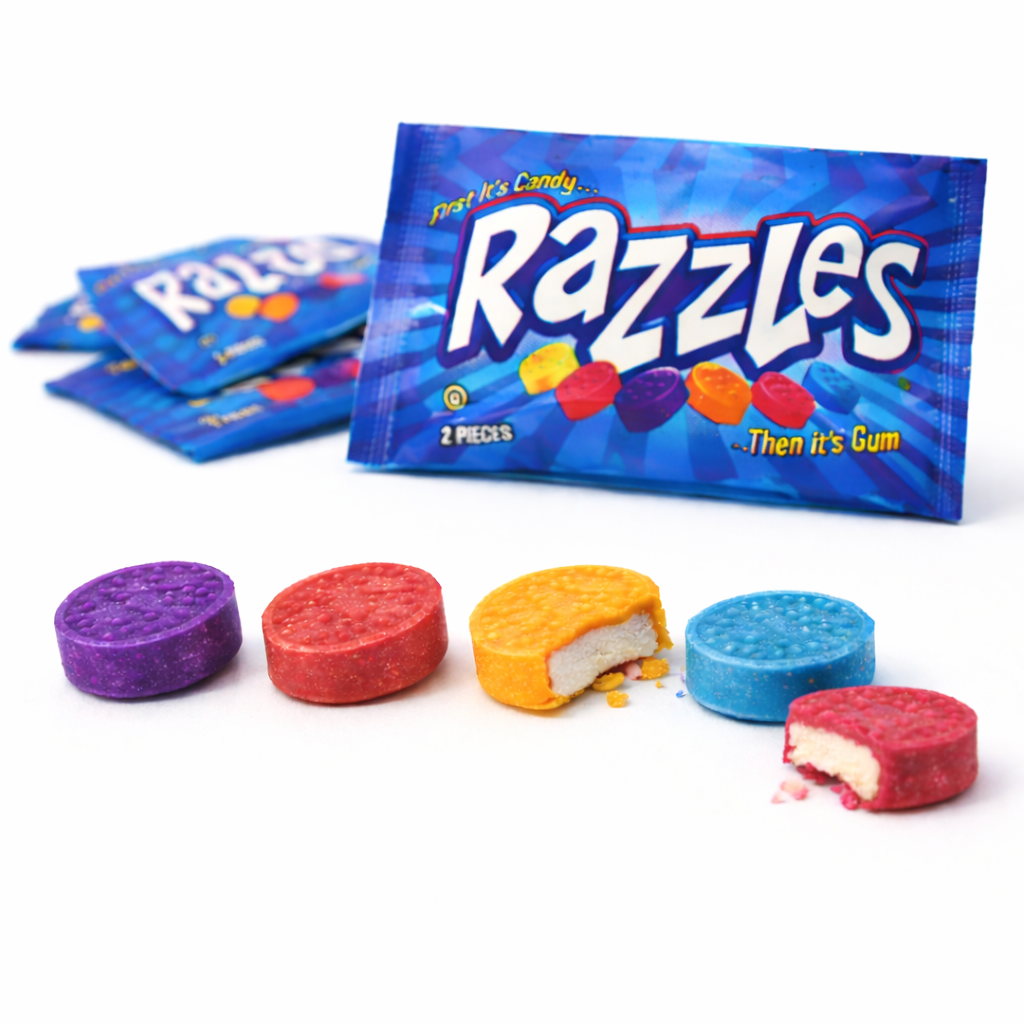 Assorted Razzles original candy gum in a bulk value bag, featuring colorful fruit-flavored chewing gum pieces by Candy In Bulk.