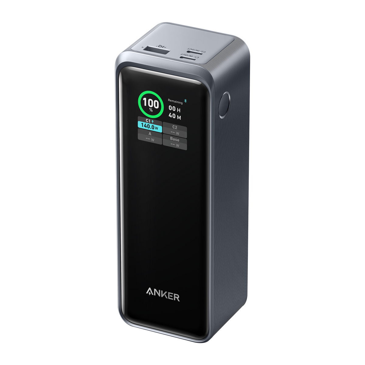 Anker Prime Power Bank 27K 250W charging device with sleek rectangular design and multiple port options for portable power.