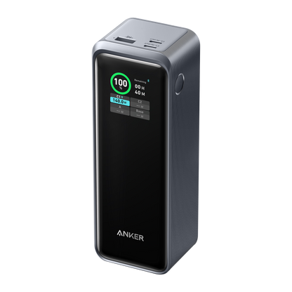 Anker Prime Power Bank 27K 250W charging device with sleek rectangular design and multiple port options for portable power.