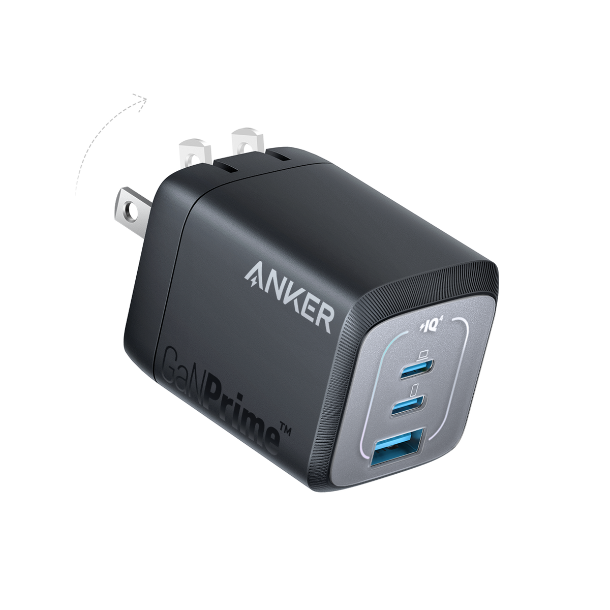 Anker Prime 67W GaN wall charger with three USB ports for fast charging electronic devices.