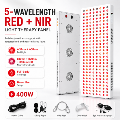 iReliev red and near infrared light therapy panel with five wavelengths for full-body red light therapy, 1500W.