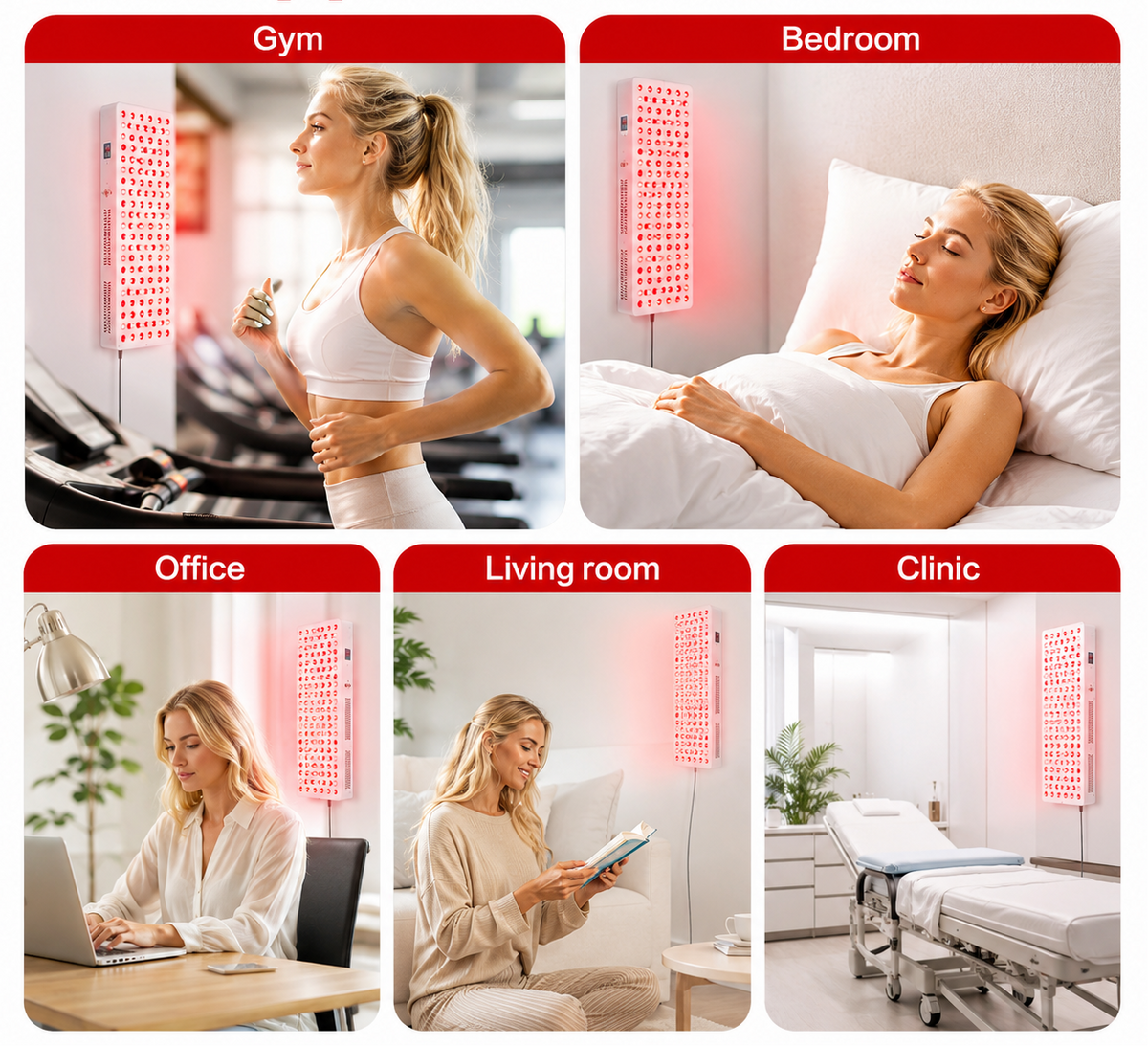 iReliev red light therapy panel emitting red and near-infrared light for full-body treatment in a clinical setting