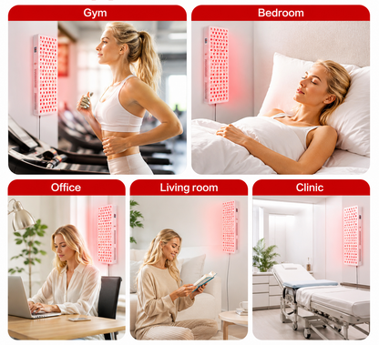 iReliev red light therapy panel emitting red and near-infrared light for full-body treatment in a clinical setting