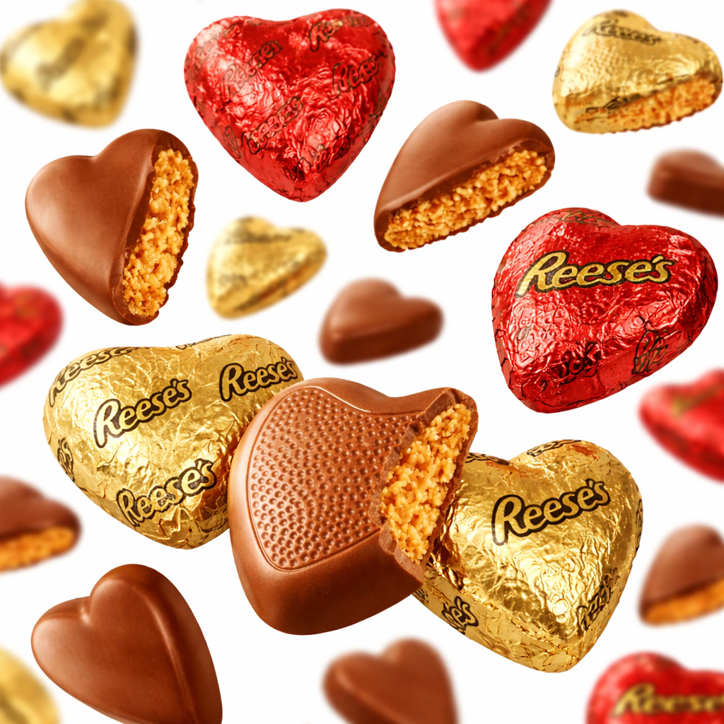 Reese's Peanut Butter Hearts in milk chocolate, bulk candy bag from Candy In Bulk, showing individually wrapped chocolates with heart shapes.