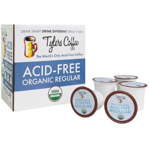 Tylers Coffees regular single serve coffee cups, 16 count, with the cover removed, showing the individual coffee pods.