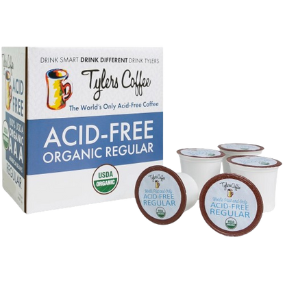 Tylers Coffees regular single serve coffee cups, 16 count, with the cover removed, showing the individual coffee pods.