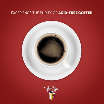 Regular acid-free ground coffee by Tylers Coffees in a bag, showing the coffee grounds and branding label.
