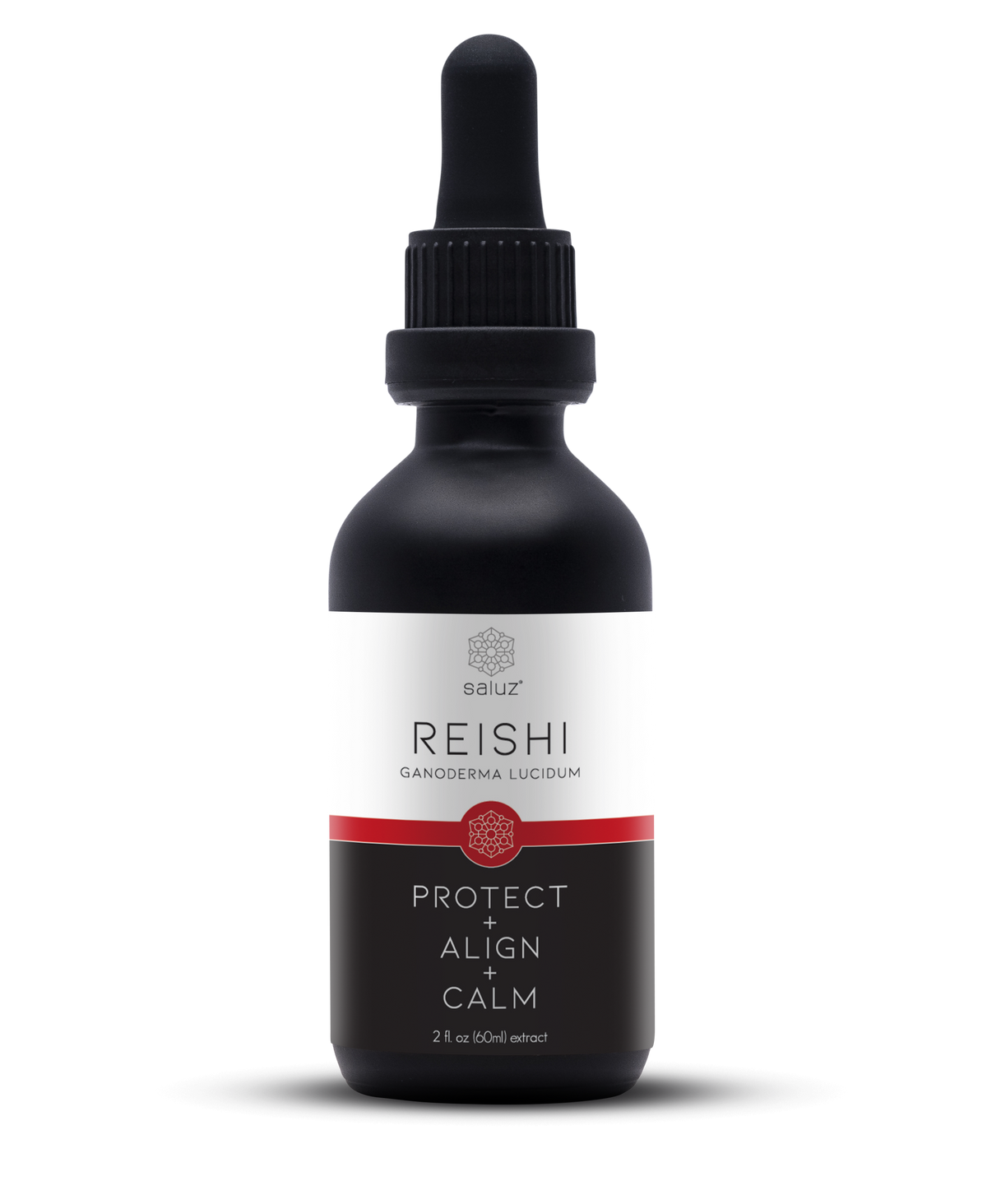 Reishi mushroom tincture bottle labeled "Calm/Relax" by Saluz.io, 2 oz. supplement for relaxation and immune support.