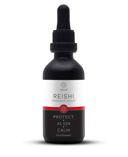 Reishi mushroom tincture bottle labeled "Calm/Relax" by Saluz.io, 2 oz. supplement for relaxation and immune support.