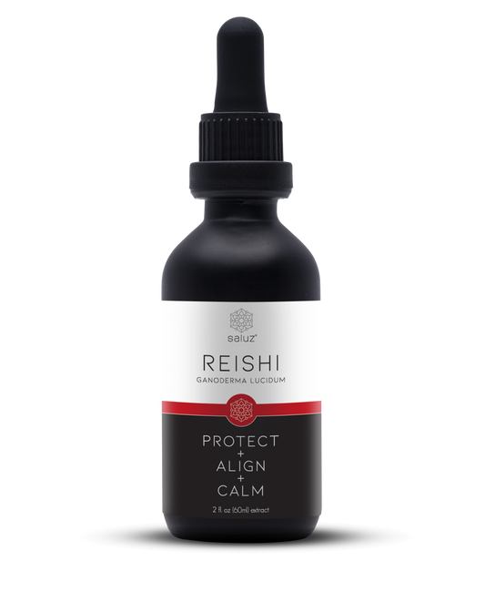 Reishi mushroom tincture bottle labeled "Calm/Relax" by Saluz.io, 2 oz. supplement for relaxation and immune support.
