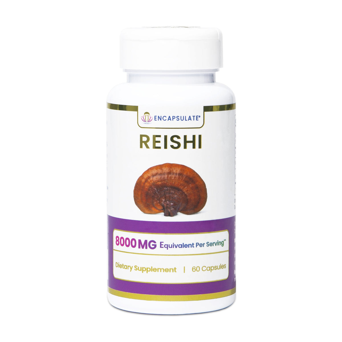 Encapsulate Reishi Mushroom 8:1 supplement capsules displayed in their bottle, showcasing natural Reishi mushroom extract.