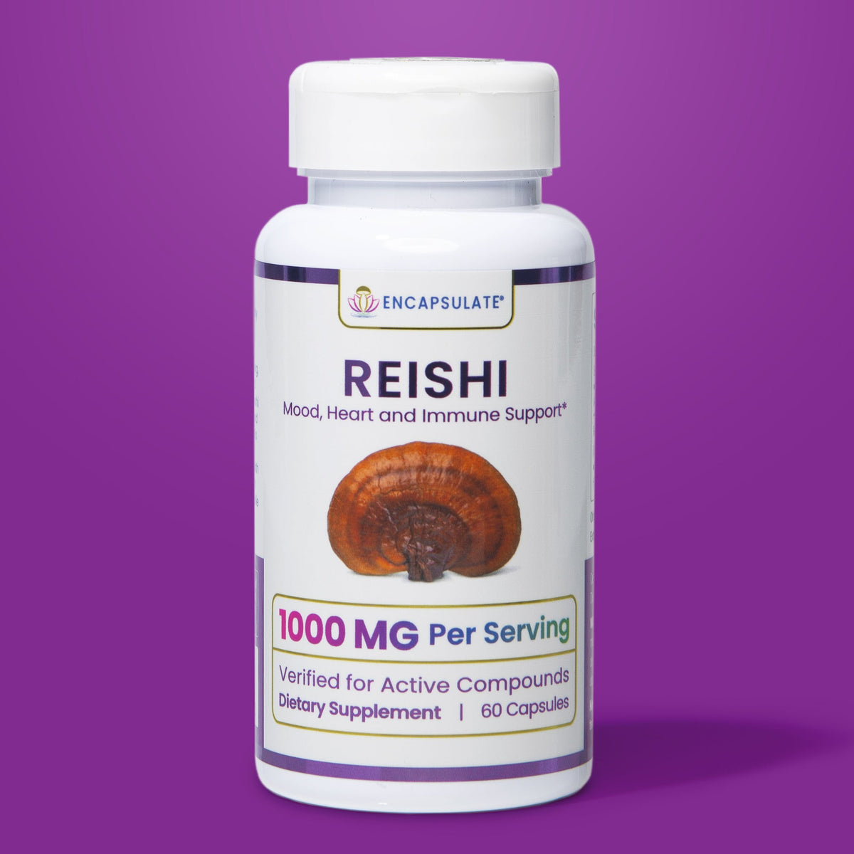 Encapsulate Reishi 1:1 Extract capsules in a bottle, showing the supplement's label and capsules inside.