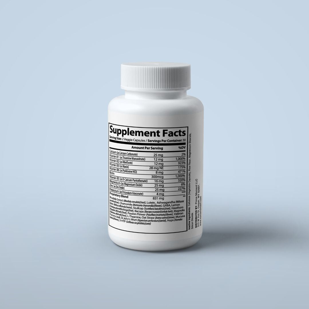 Nutra Moment Relax Moment stress support supplement bottle with tablets, promoting relaxation and stress relief.