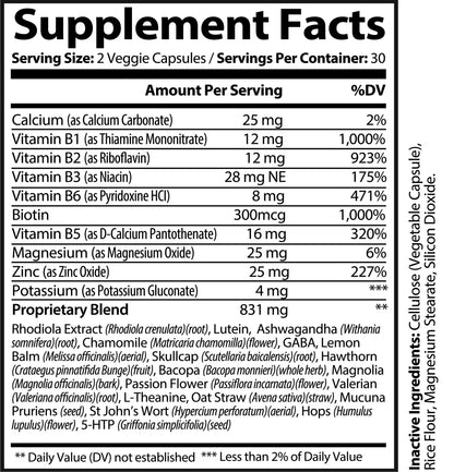 Nutra Moment Relax Moment stress support supplement facts label showing ingredients and nutritional information.