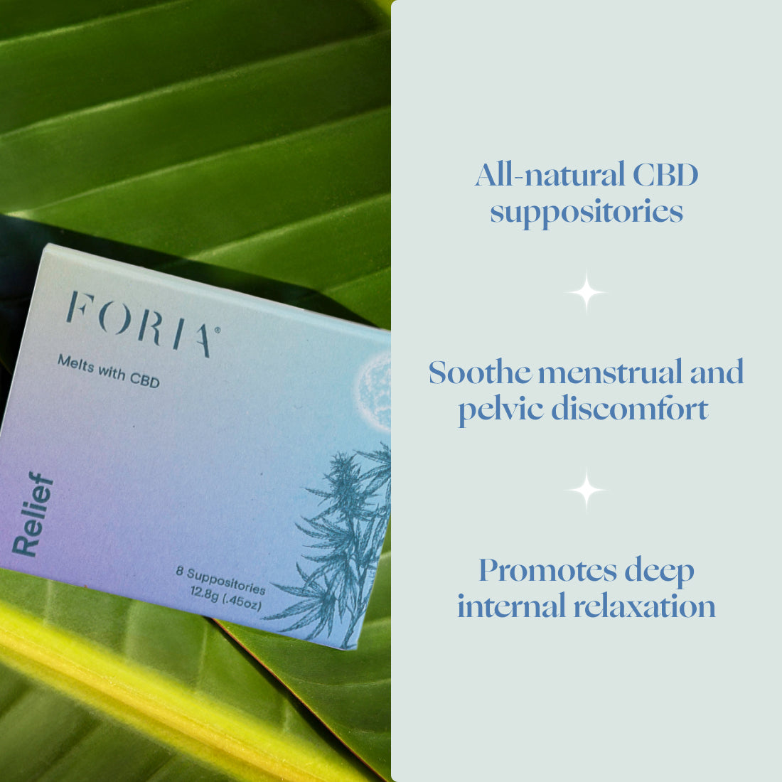 Foria Relief Melts with CBD, small dissolvable oral melts in a clear container, designed for soothing relief.
