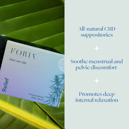 Foria Relief Melts with CBD, small dissolvable oral melts in a clear container, designed for soothing relief.