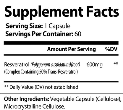 Nutra Moment Resveratrol supplement facts label showing 600mg trans-resveratrol in health and beauty product.