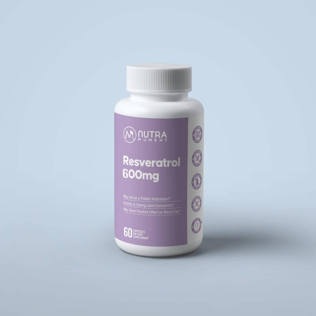 Nutra Moment Resveratrol 600mg supplement bottle with capsules, showcasing the health and beauty product for antioxidant support.