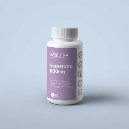 Nutra Moment Resveratrol 600mg supplement bottle with capsules, showcasing the health and beauty product for antioxidant support.