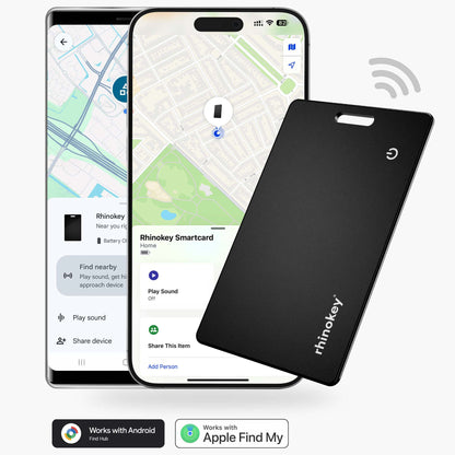 Robust RhinoKey® smartcard for Apple and Android devices, shown with secure card interface and branding.