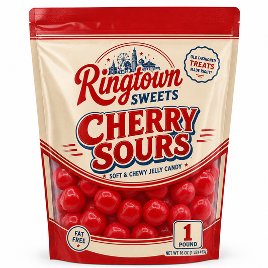 Soft and chewy Cherry Sours jelly candies from Ringtown Sweets by Candy In Bulk, vibrant red and coated with sugar.