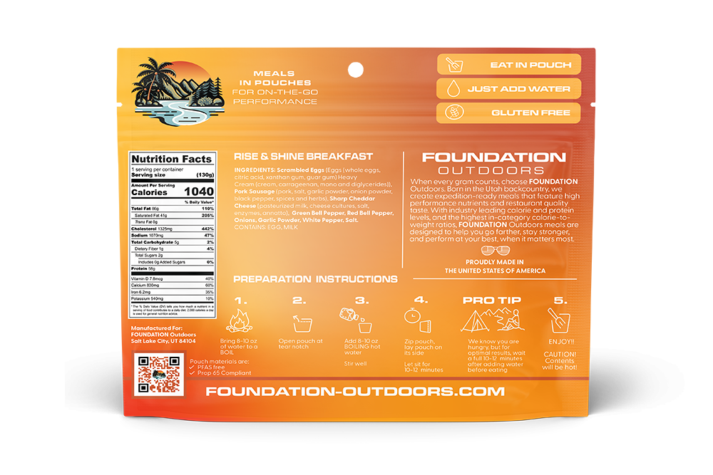 Back view of FOUNDATION Outdoors Rise & Shine Breakfast Meal pouch showing packaging and branding details.