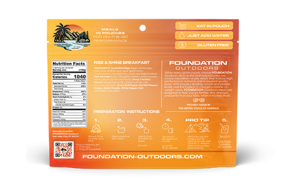 Back view of FOUNDATION Outdoors Rise & Shine Breakfast Meal pouch showing packaging and branding details.