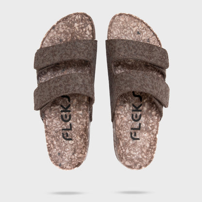 Top and bottom view of Fleks Riviera Sandal with coconut shell accents, showcasing the stylish sandal from Fleks.