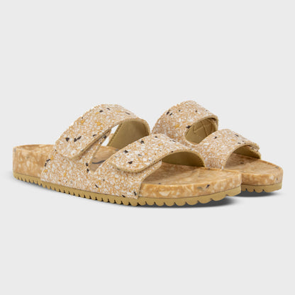 Pair of gray Riviera Fleks sandals with morning coffee design, showcasing the stylish straps and casual summer footwear style.