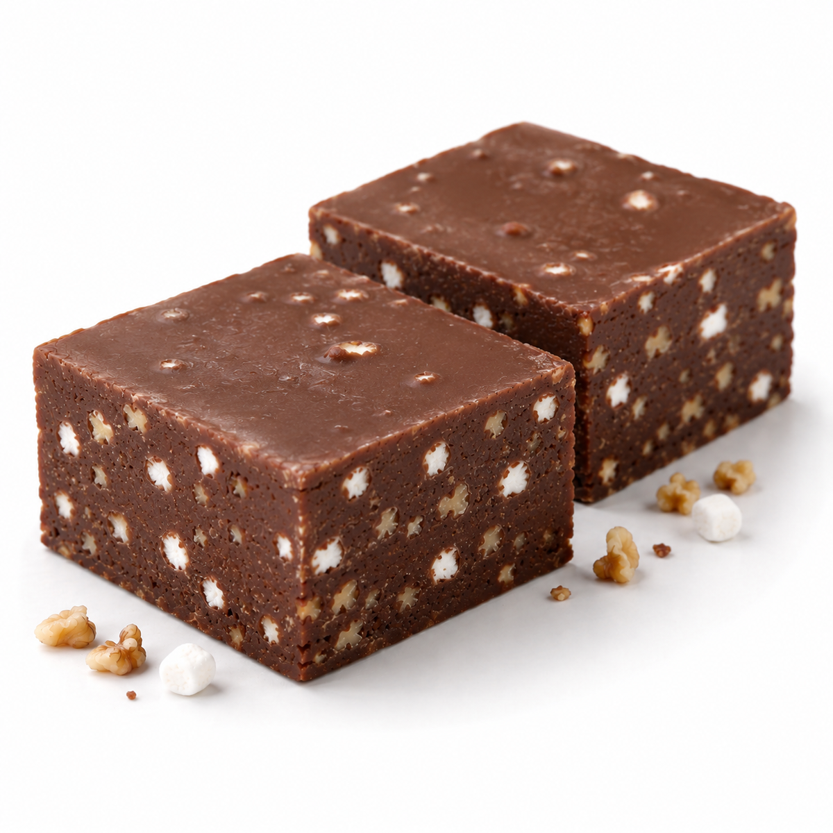 Creamy rocky road fudge squares from Candy In Bulk, with visible marshmallows, nuts, and rich chocolate layers.