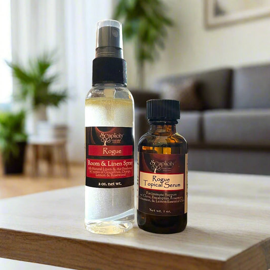 Soaplicity Rogue Room Spray and Serum set featuring a sleek room spray bottle and serum container for home fragrance and skincare.