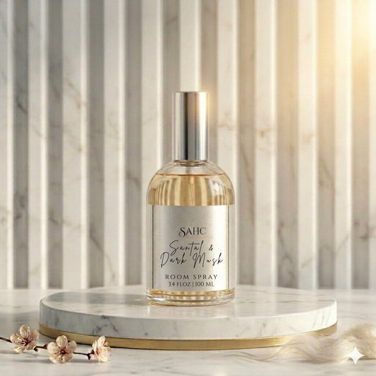 SAHC Home Fragrances Santal & Dark Musk room spray bottle with a sleek design and dark-colored label.