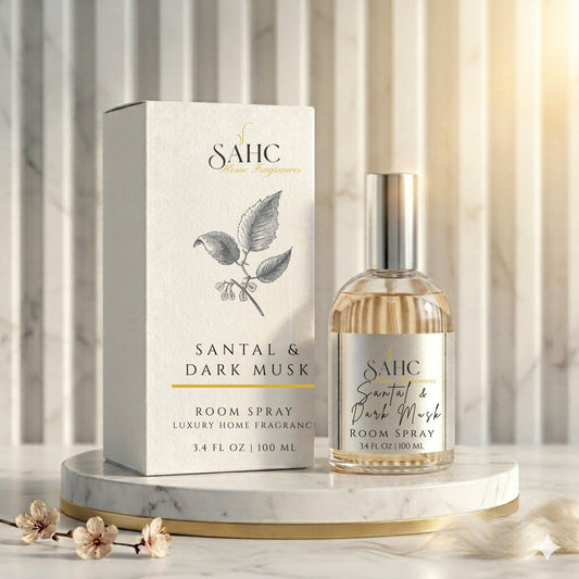 SAHC Home Fragrances Santal & Dark Musk room spray in a sleek glass bottle with a spray nozzle, housed in a decorative box.